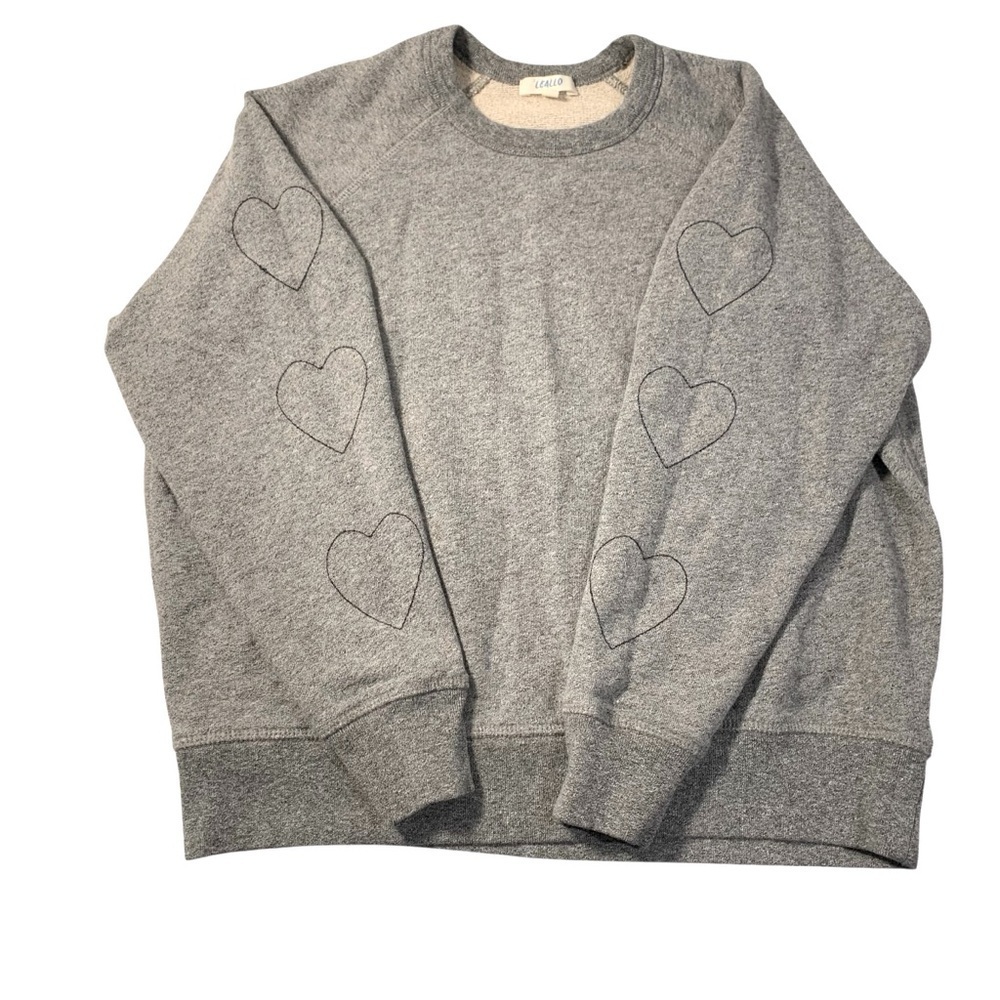 Leallo sz S Grey Reverse Weave Sweatshirt Black Embroidered Hearts Raglan Sleeve